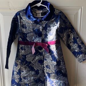 Girls Dress Button Up Blue and Silver Floral with Velvet Accents